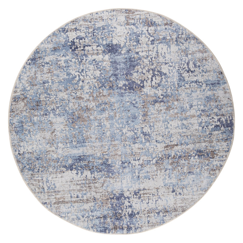 Abstract Machine Washable Area Rug Woven in Blue/Cream/Gray, Round 5'3"