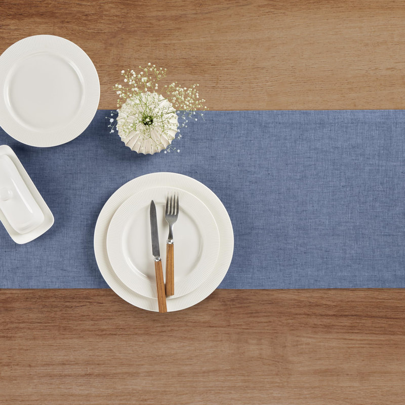 100% Pure Linen Table Runner - Athena, 90" x 14", Blue Denim