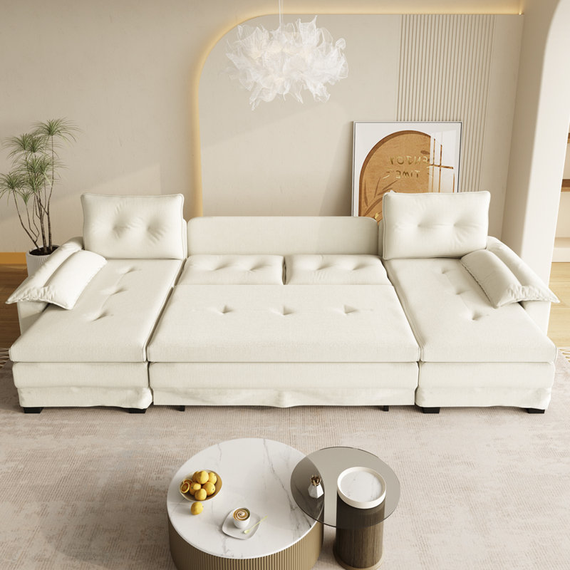 Canapé-lit moderne Haven, Beige, chenille blanche