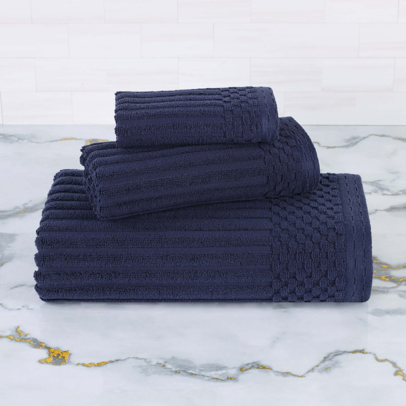 Collection de serviettes à bordure à carreaux en coton 3 pièces Soho Spa, Marine, Ensemble de serviettes 3 pièces