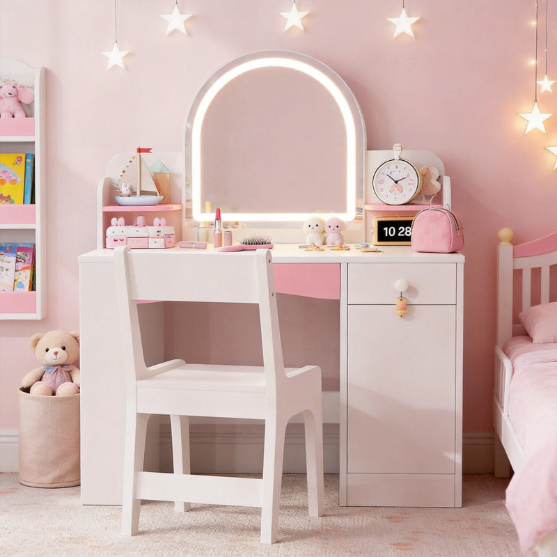 Bureau de coiffeuse pour enfants avec miroir à DEL et tabouret