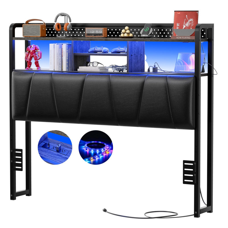 Storage Upholstered PU Headboard With LED Lights & Charging Station, Gray Oak, Full