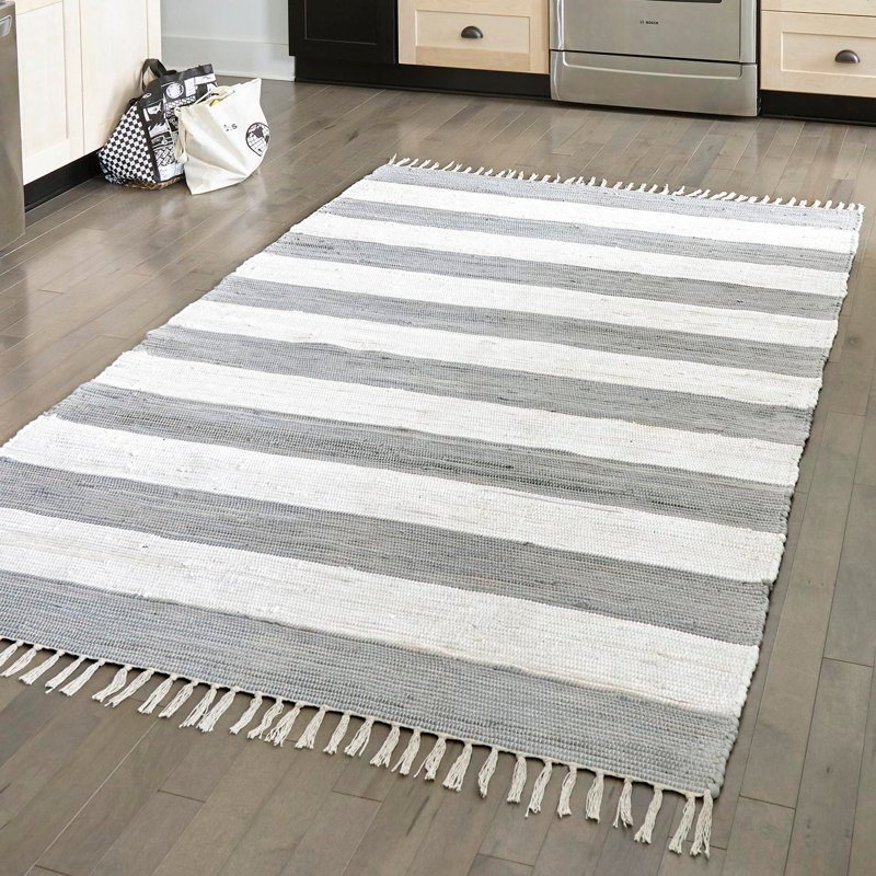 Tapis gris / blanc cassé en coton noué à la main Rinker, Rectangle 7 pi 1 po x 10 pi
