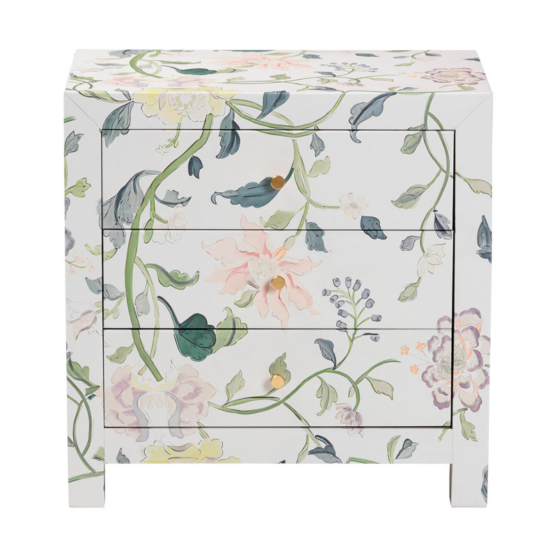 Table de bout Baxton Studio Connery Floral - armoire de rangement décorative à 3 tiroirs