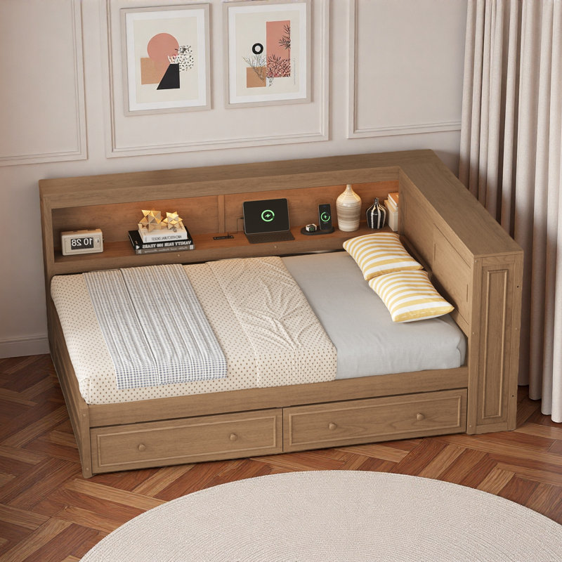 Multiple Daybed With Storage Shelves, Usb, Led, And 2 Drawers, Antique Wood