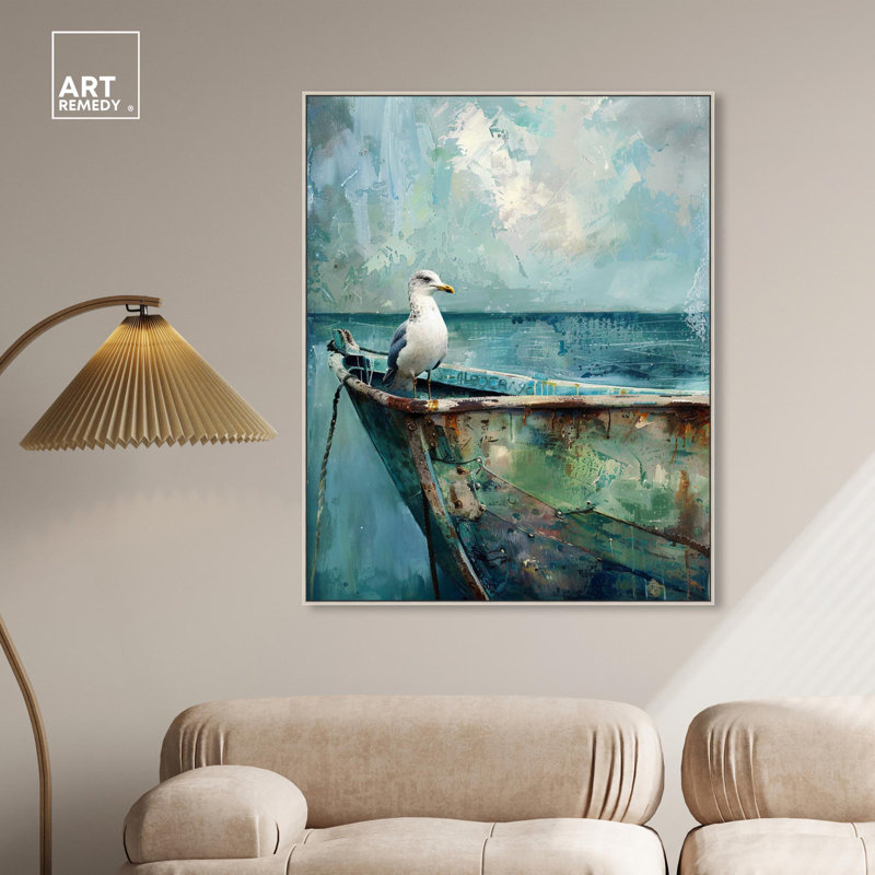 Seagull and Boat Coastal Canvas Art with Silver Frame