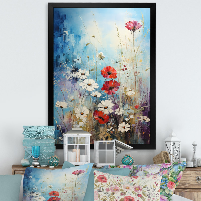 «Meadow View I», art mural rouge et blanc, H 20 po x l 12 po x P 1 po, Cadre simple noir