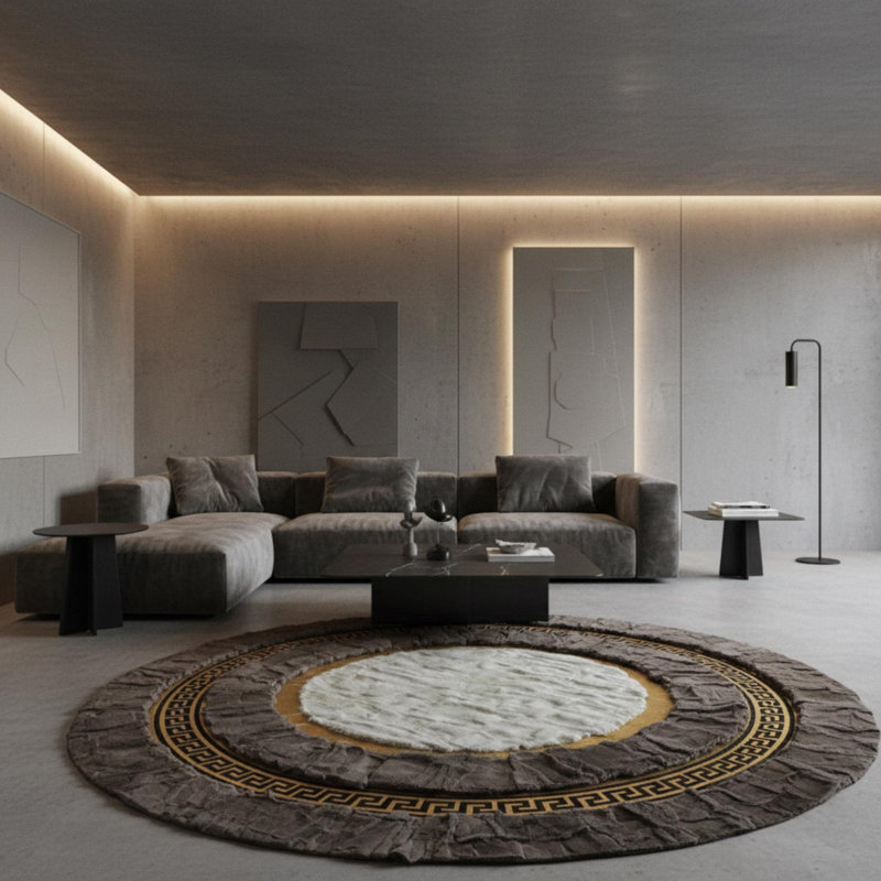Tapis rond brun et blanc en fourrure de lapin, Round 2'11" x 2'11"