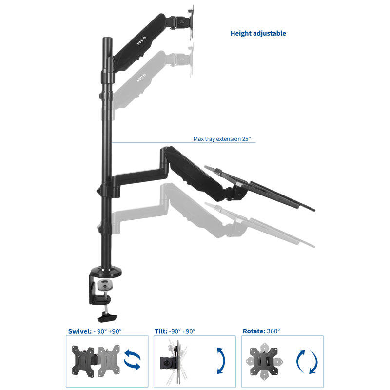Black Steel Adjustable Desk Mount with Keyboard Tray
