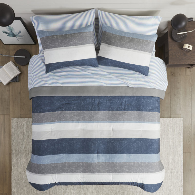 Jaxon Comforter Set with Bed Sheets, Full Comforter + 6 Additional Pieces, Navy/Gray