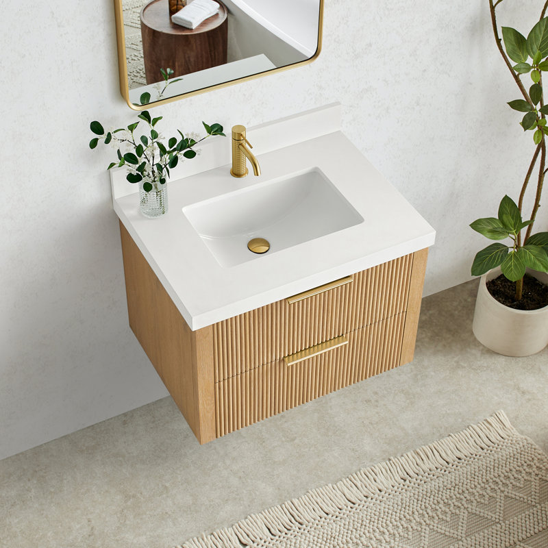 Meuble-lavabo flottant simple 30 po Barcelona en gris cendré délavé avec plateau en pierre de quartz blanc Barcelona, 30"
