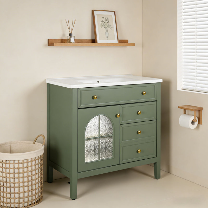 Armoire de salle de bain 35,6 po, Vert + armoire seulement + 1 porte