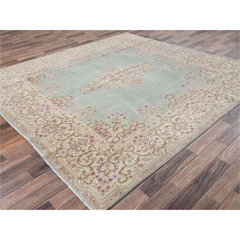 Tapis vert clair 7 pi 10 po x 8 pi 4 po vert clair noué à la main 100% laine de style Kerman persan rétro avec motif en médaillon champ ouvert
