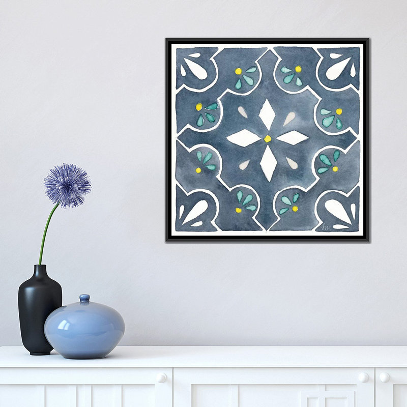 « jardin escapade tile ii blue », impression sur toile, H 18 po x l 18 po x P 1,5 po, Toile avec cadre noir, Pas de tapis