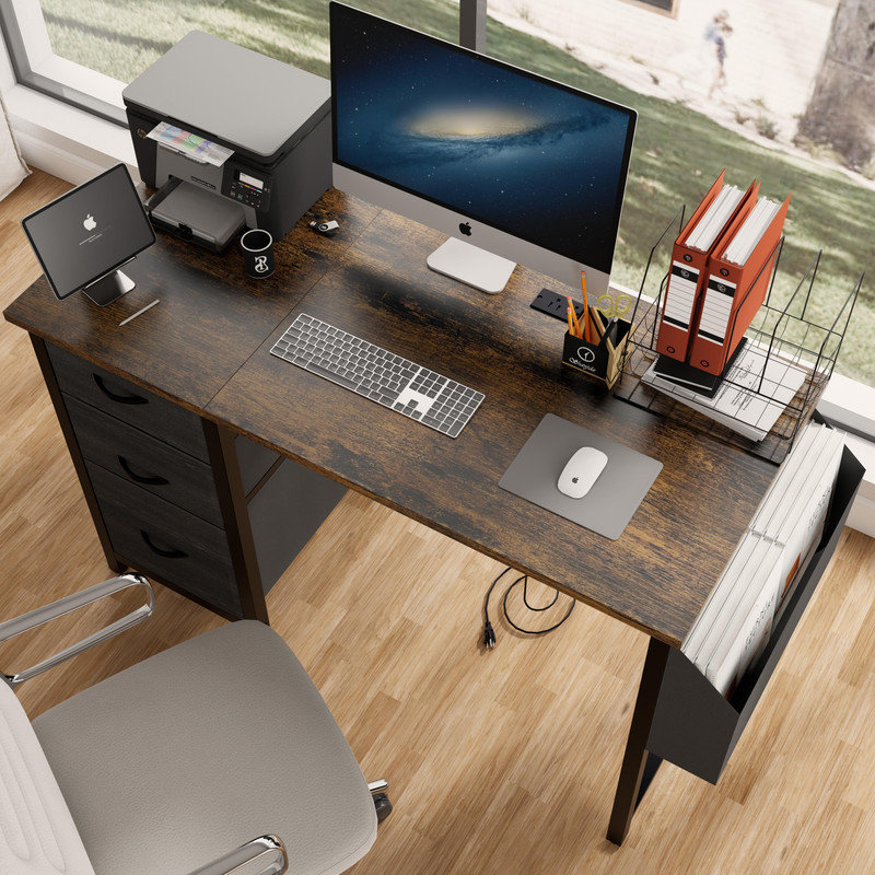 Modern 47-Inch Writing Desk with Built-in Power Strip - Study Table with 3 Drawers & Storage Pocket, Brown/Black