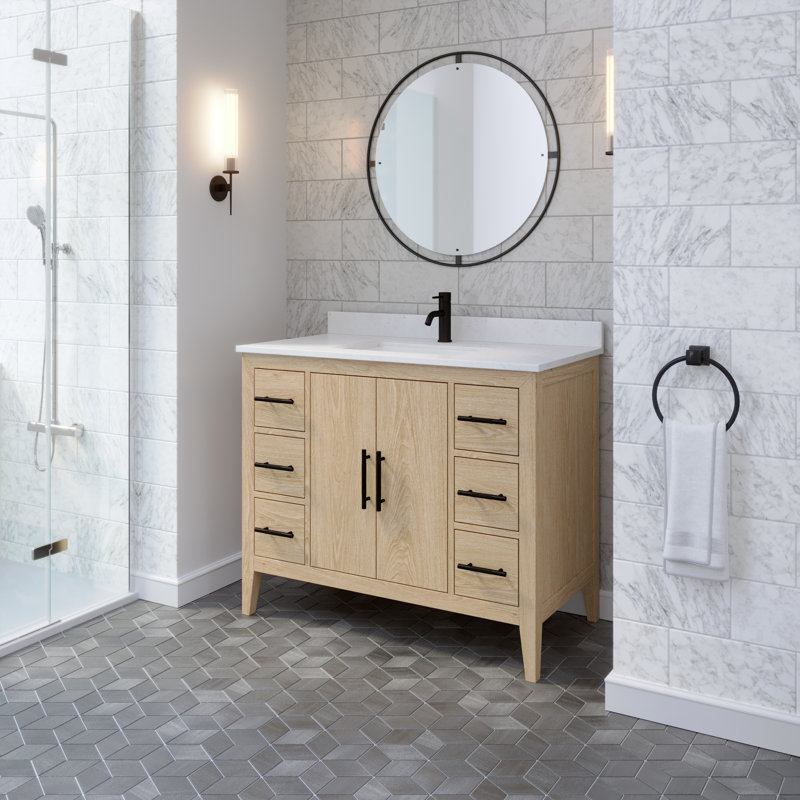 Vance Solid Wood 60" W x 22" D White Oak Double Sink Bathroom Vanity with Diamond Quartz Top, Power Bar with USB, Drawer Organizer, Undermount Ceramic Sink, Pre-Assembled 