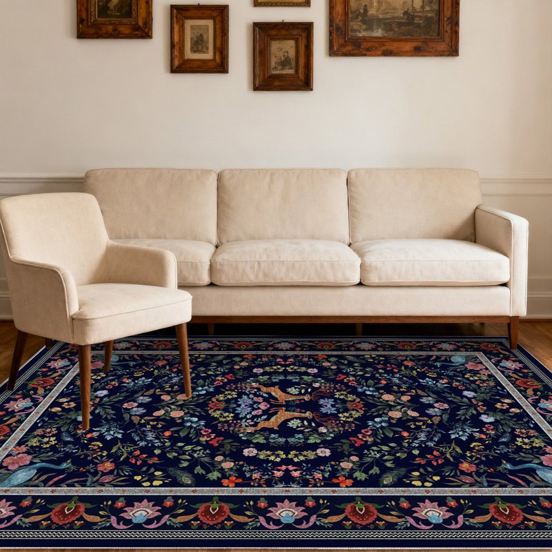 Rural Floral Rug for Living Room, Low Pile Throw Rugs with Rubber Backing, Performance Rug for Bedroom, Dining Room, Naturalism Rug for Home Decor, Washable Indoor Outdoor Rugs, Ideal For High Traffic Areas