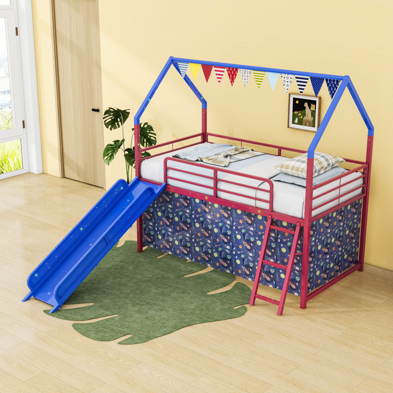 Metal House Twin Loft Bed With Slide, Curtain Set, Guardrails And Ladder, Red Blue