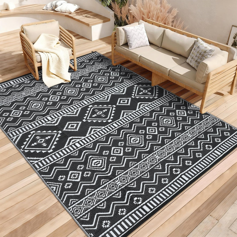 Black and White Geometric Outdoor Area Rug 10x14ft – Washable, Waterproof, UV Resistant Patio Carpet, Easy Clean, Lightweight – USA Specification