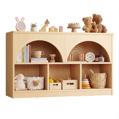 43"W Arched Montessori Kids Bookshelf and Toy Storage Organizer, Low Bookcase with Open Shelves and 3 Cubbies