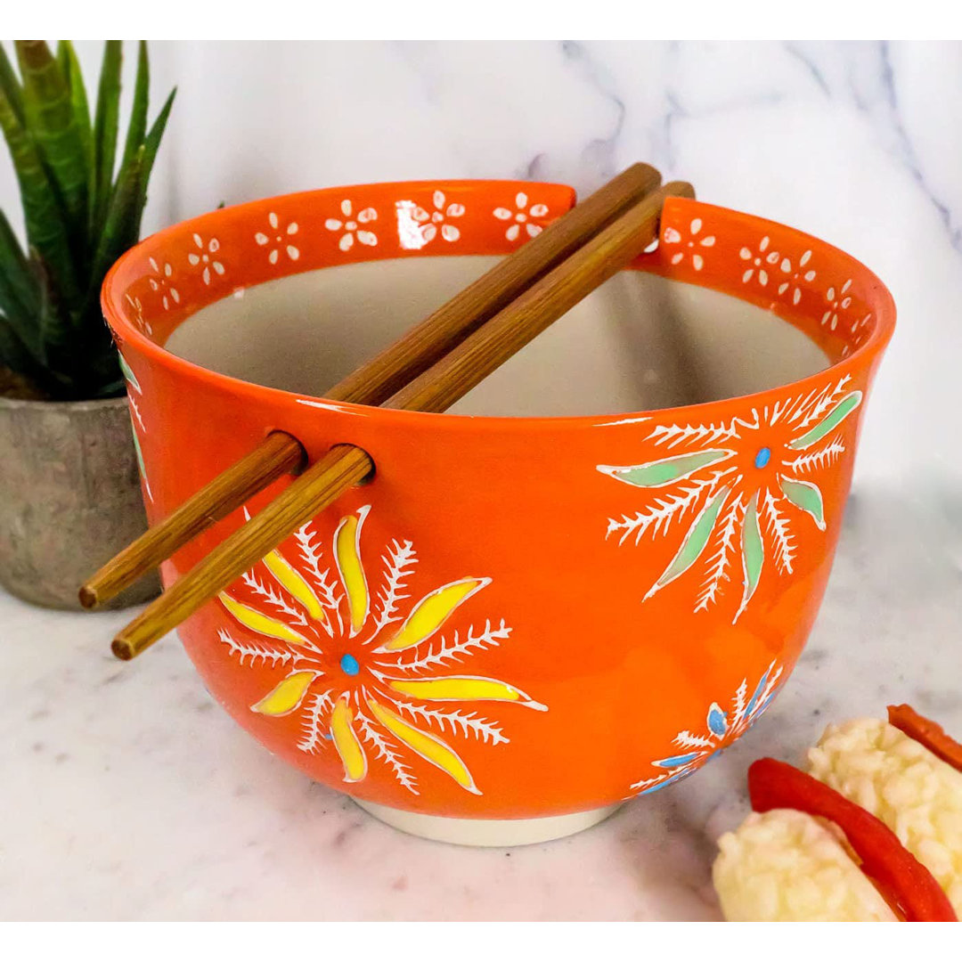 Ebros Japanese Design Ceramic Ramen Udong Noodles Bowl And Chopsticks Set For Asian Dining Soup Rice Gourmet Meal As Taste Of Asia Collection Of Bowls Decor Kitchen Decorative (Orange Flower Blossoms) Winston Porter