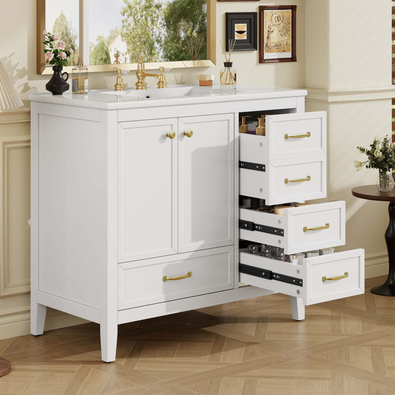 Meuble-lavabo 36 po avec lavabo, armoire de salle de bain avec porte à fermeture en douceur, 4 tiroirs de différentes tailles, structure et pieds en bois massif