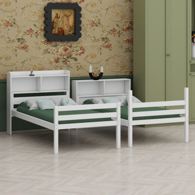 Wood Bed With Shelves Headboard, Safety Guardrails And Ladder, Convertible To 2 Beds