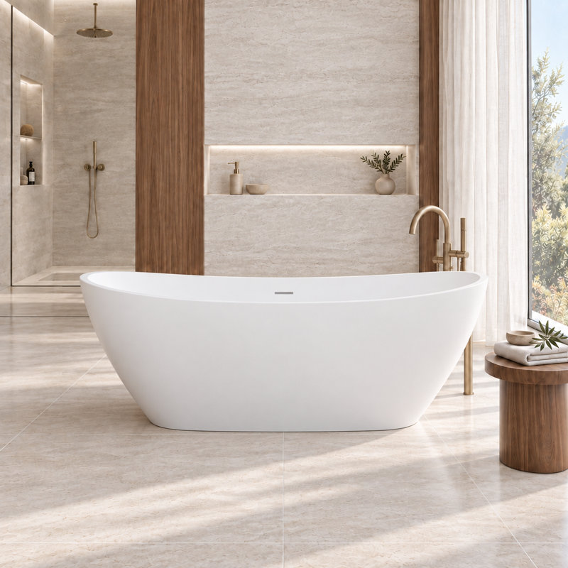 61" / 65" Solid Surface Freestanding Bathtub Double Slipper Deep Soaking Tub with 17.7" Soaking Depth, Overflow and Pop-Up Drain, 4 Colours Option