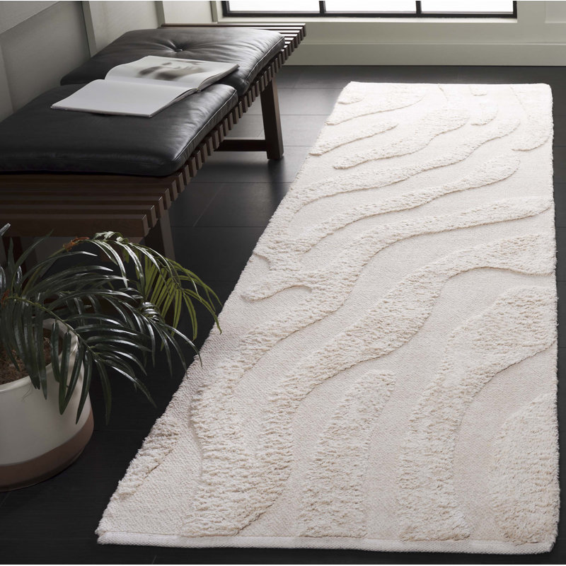 Moura Abstract Handmade Cotton Area Rug in Ivory, Runner 2'3" x 8'