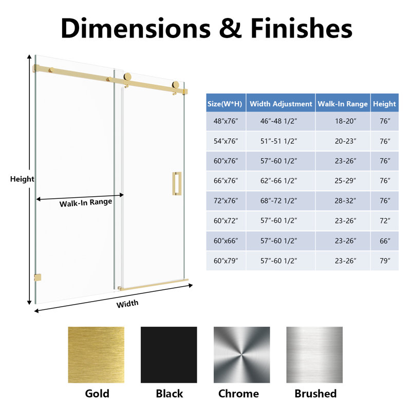 Serenity 56"-60''W x 76'' H Single Sliding Frameless Shower Door in Brushed Nickel with 3/8" Clear Glass, Brushed Nickel