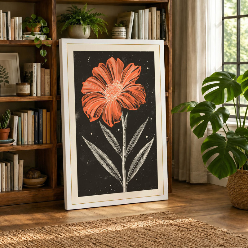 Geometric Daisy Botanical - Wrapped Canvas, 36x24 - 91.4 x 61.0 cm, Taupe Border