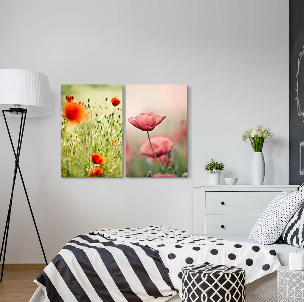 2-tlg. Leinwandbilder-Set - Fotografie „Poppy Flower Field Summer Red Nature Flora”