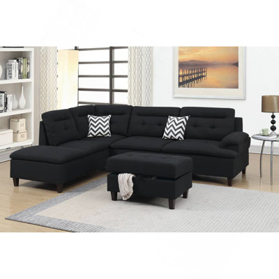 Living Room Furniture Black Cushion Sectional w Ottoman Linen Like Fabric Sofa Chaise