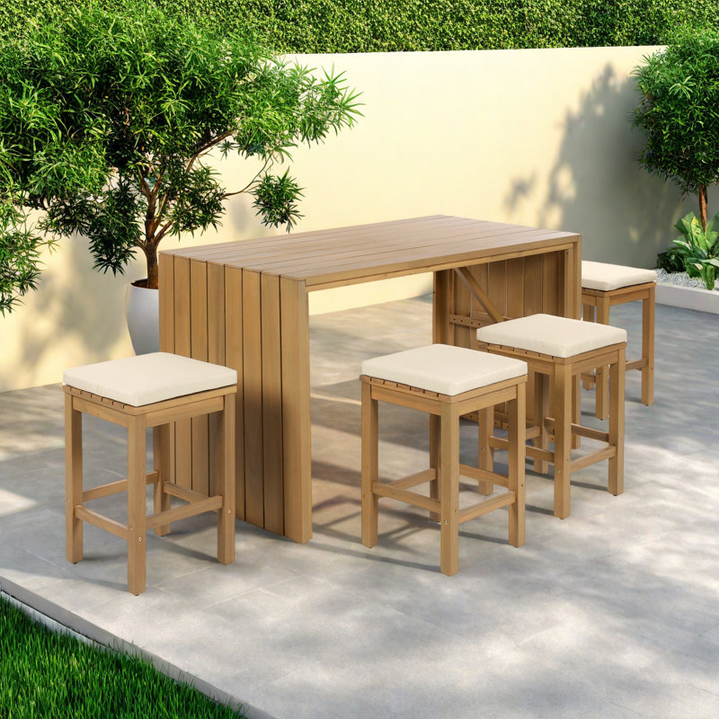 5 Pieces Outdoor Bar Set Included 1 Height Table & Four Stools With Cushions