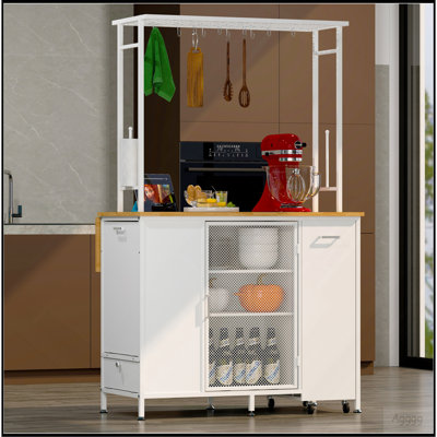 Îlot de cuisine avec espace de rangement, bar pour le petit-déjeuner avec panneau rabattable pliable, grandes tablettes et tiroirs de rangement, grande table basse avec crochets, blanc