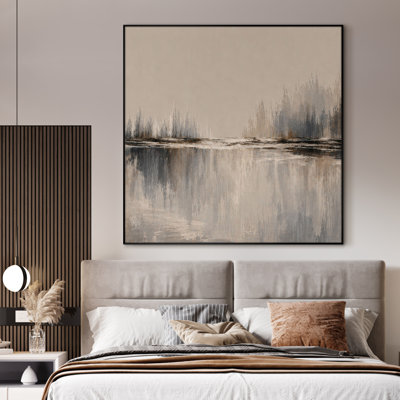 Très grand art mural imprimé sur toile - Paysage abstrait bord de l'eau beige, décor de salon contemporain - "Assemblage requis (cadre non fini)"