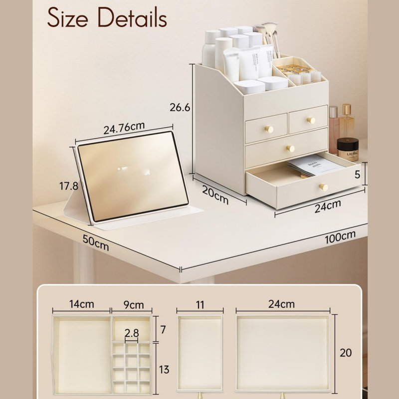 Makeup Organiser, Large Capacity Dressing Table Organiser,Cosmetic Organiser with 4 Drawer, Beige