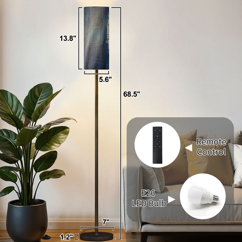 Lampe sur pied en denim en tissu à intensité variable moderne avec télécommande et pédale avec abat-jour et abat-jour