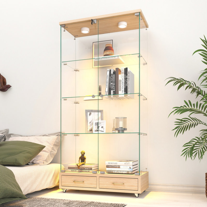 Stylish Four - Tier Glass And Display With Quick Assembly, 13 Colour Led, 2 Drawers For Small Spaces In Bedroom Elegant Tempered Case Drawers, 4 Shelves, Led Showcasing Photo Frames Living Room