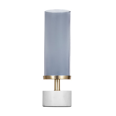 Fem Hurricane Candle Holder, White Marble Base, 16 Inch Gray Glass
