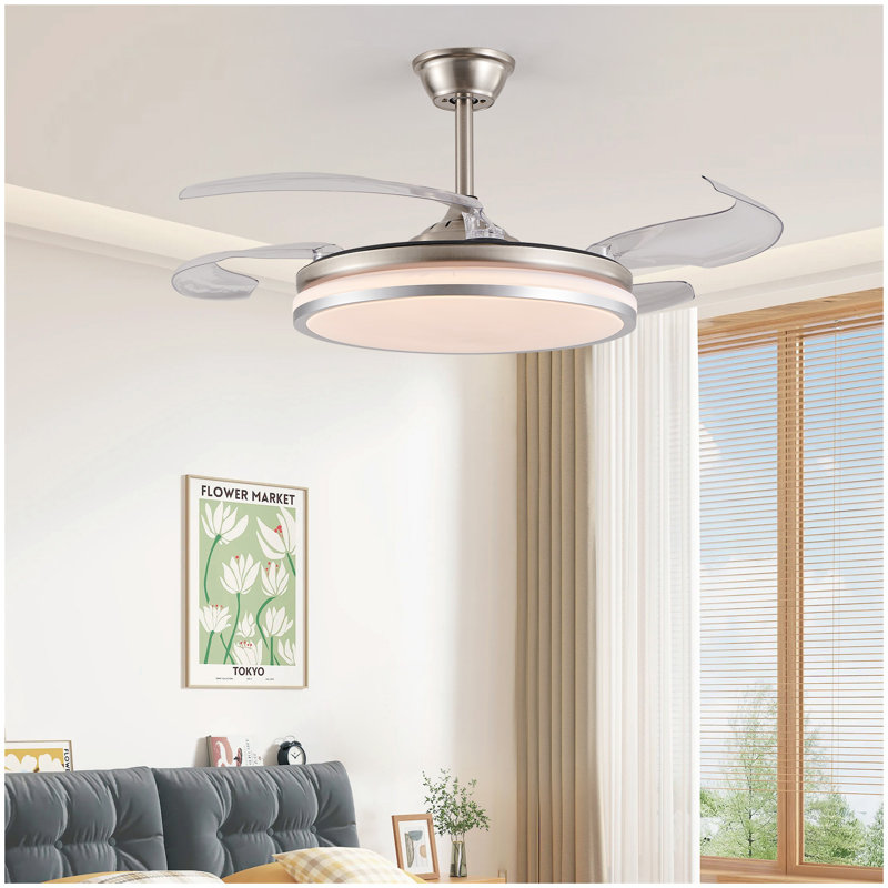 Ventilateur de plafond moderne à DEL 42 pouces à 2 niveaux avec lumière et télécommande, pales rétractables, moteur à courant continu réglable à 6 vitesses, fonctionnement silencieux pour le salon, la chambre à coucher, la salle à manger
