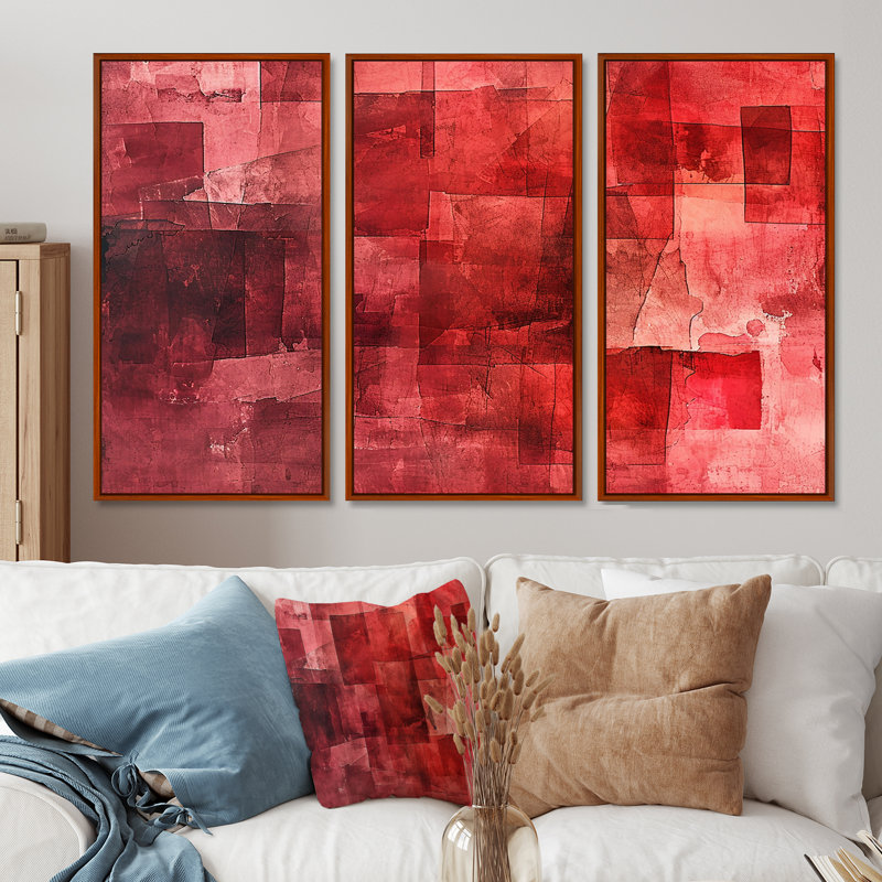 «Cubist Red Secrets - Abstract Collages», ensemble d'art mural, H 40 po x l 60 po x P 1 po, Cadre flottant brun