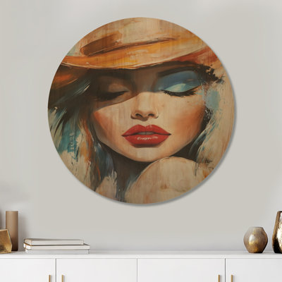 Regard sur le chapeau doré - Portrait de femme - Tableau rond en bois à accrocher au mur