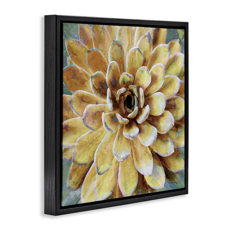 Peinture botanique jaune à fleurs succulentes, H 18 po x l 18 po, Cadre flottant noir de jais