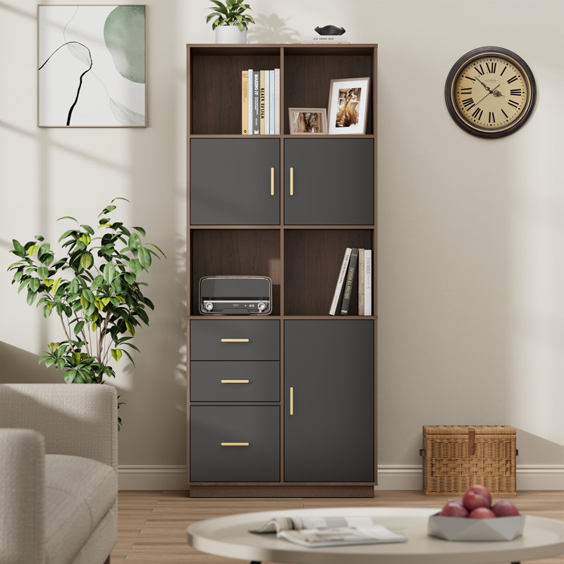 74.6"H Modern Bookcase With Adjustable Shelves, Drawers & Doors – 5-Tier Wooden Floor Standing Display Cabinet For Living Room, Home Office