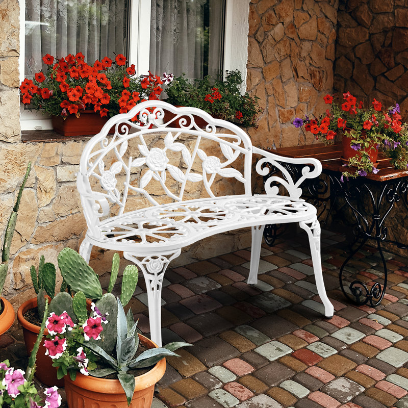 Elegant White Cast Aluminum Patio Bench, White