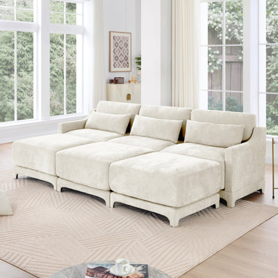Canapé à trois places, 3 repose-pieds mobiles, équipé d'un coussin lombaire, tissu en chenille, base en bois de haute qualité, conception ergonomique, éponge à haute résilience, facile à installer, études de costumes, beige