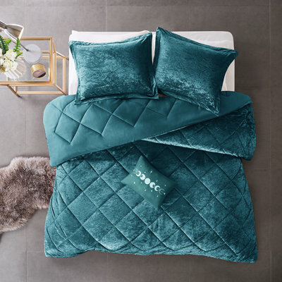 Édredon en velours simple / simple TG - Diamant bleu sarcelle avec coussin décoratif Lavable à la machine et repassage à la vapeur de luxe