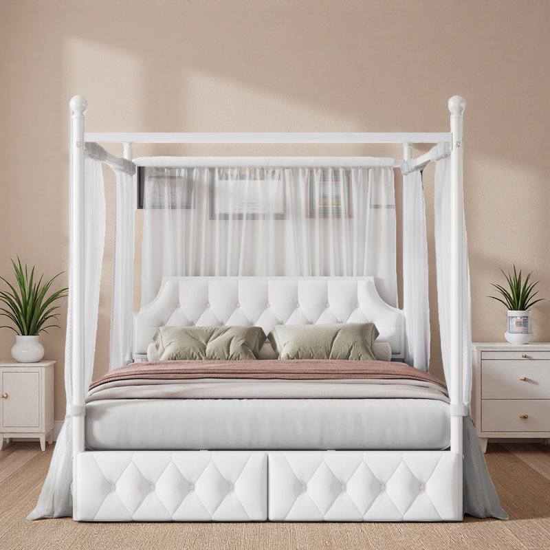 Lit plateforme à baldaquin en métal avec tête de lit tapissier, 2 tiroirs et coutures à boutons