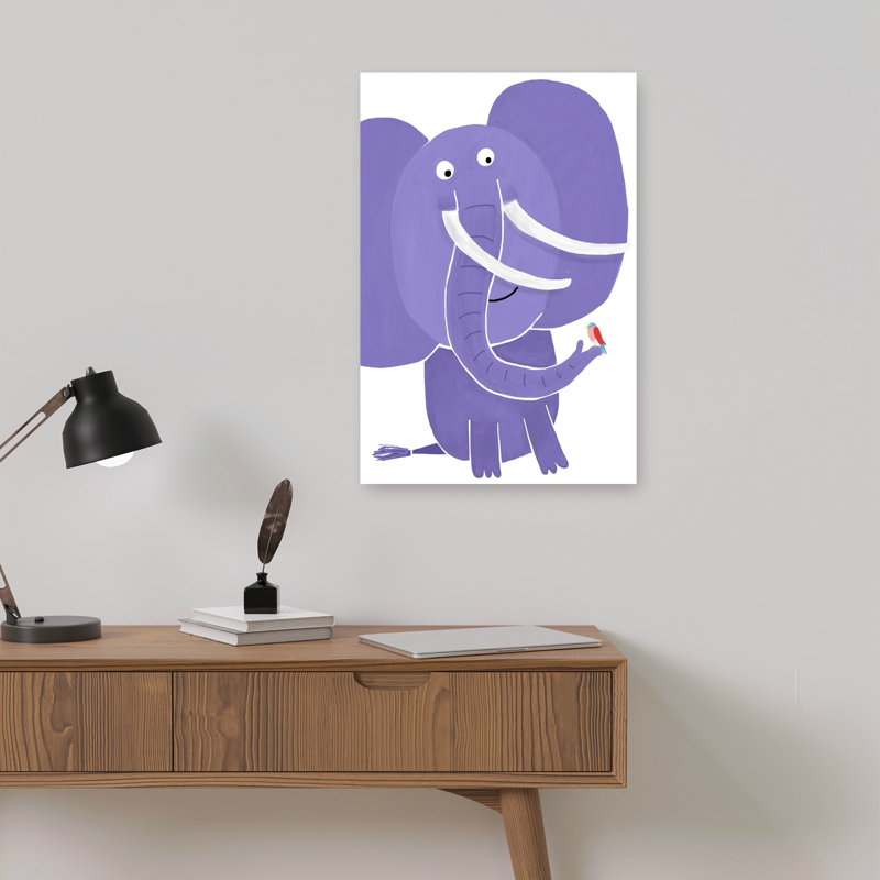 Gentle Elephant And Bird Contemporary Bird Wall Art Print by Carla Daly - Wrapped Canvas Print